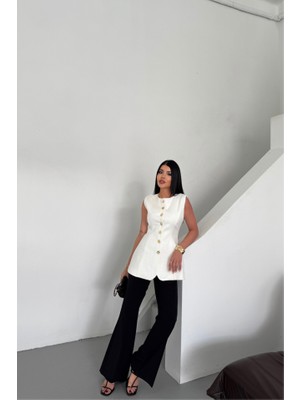 Keten Yelek Belden Oturtmalısıralı Düğme Detaylı - Beyaz