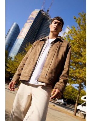 DeFacto Regular Fit Gömlek Yaka Fermuarlı İç Cepli Süet Mont E8900AX25AU