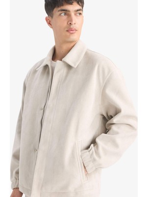 DeFacto Oversize Geniş Kalıp Gömlek Yaka Çıtçıtlı Fermuarlı İç Cepli Süet Mont E8899AX25AU