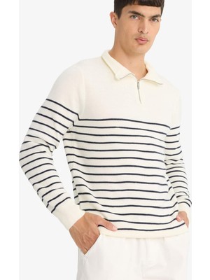 DeFacto Standart Fit Yarım Fermuarlı Çizgili Triko Kazak F1522AX25AU