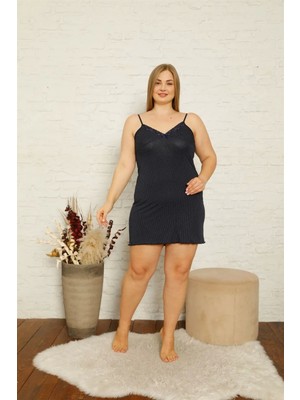 Moda Kadın Pamuklu Ip Askılı Büyük Beden Gecelik Lacivert