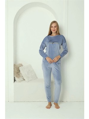 Emos Avm Moda Kadın Kadife Mavi Pijama Takım