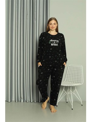 Moda Polar Kadın Büyük Beden Pijama Takımı Siyah