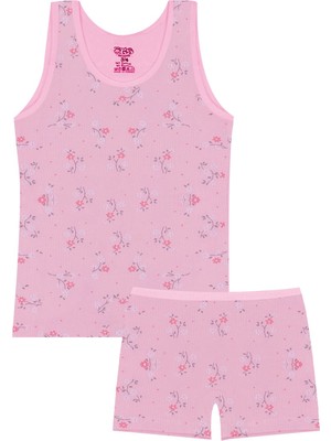 Öts Kız Çocuk Atlet Boxer Likralı Pembe Desenli (%96 Pamuk - %4 Elastan)