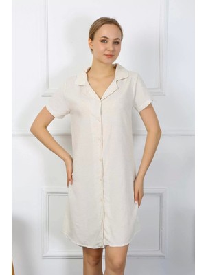 Moda Kadın Pamuk Keten Kısa Kol Düğmeli Krem Tunik Gecelik