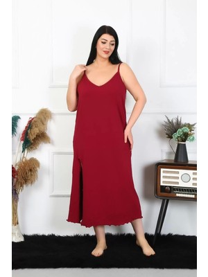 Moda Kadın Büyük Beden Ip Askılı Pamuklu Bordo Uzun Gecelik