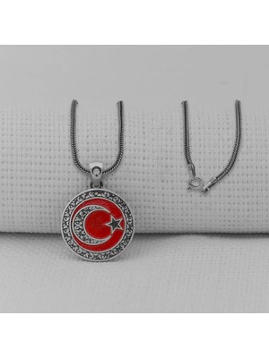 Tutaste Jewellery Gravur Işlemeli  Ay Yıldız Orta Boy  925 Ayar Gümüş Erkek Kolye