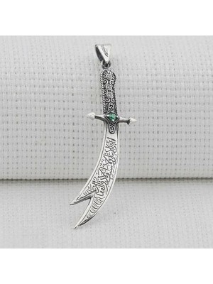 Tutaste Jewellery Yeşil Taşlı Zulfikar 925 Ayar Gümüş Erkek Kolye