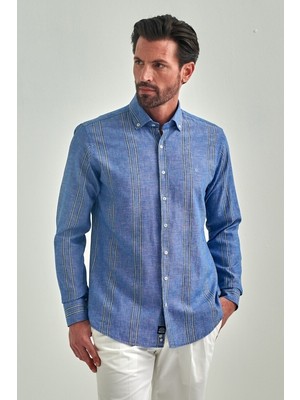 Bisse Regular Fit Mavi Uzun Kollu Paşa Yaka Spor Erkek Gömlek GM22Y221042_C35