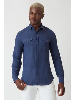 Bisse Slim Fit Lacivert Keten Erkek Gömlek GM22Y221146_C39