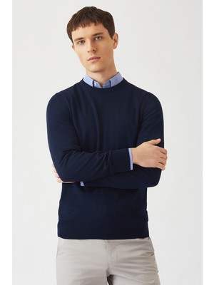 Bisse Akrilik Yün Bisiklet Yaka Lacivert Erkek Triko TR22K22200_D39