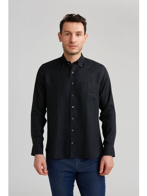 Bisse Regular Fit Paşa Yaka Siyah Basic Erkek Gömlek GM23Y231134_D99