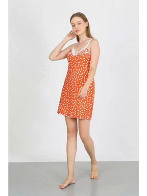 Moda Kadın Penye Ip Askılı Beyaz Puantiyeli Gecelik Turuncu