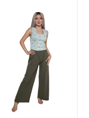 Moda Kadın Kalın Askılı Body Bol Paça Pantolon 2`li Takım Su Yeşili