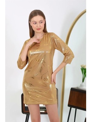 Moda Kadın Micro Kumaş Mini Parlak Elbise Sarı