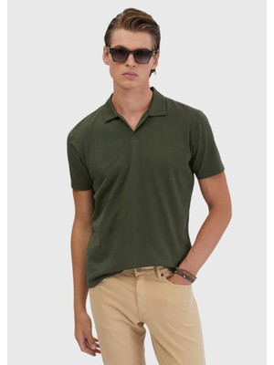 Haki Jakarlı Polo Yaka %100 Pamuk T-Shirt