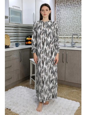 Moda Kadın Uzun Kol Penye Gecelik Ev Elbisesi Ekru