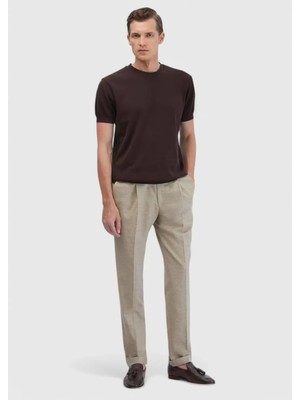 Koyu Bej Düz Kumaş Regular Fit Casual Pamuk Karışımlı Pantolon