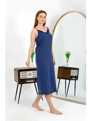 Moda Ip Askılı Uzun Yırtmaçlı Penye Gecelik Lacivert