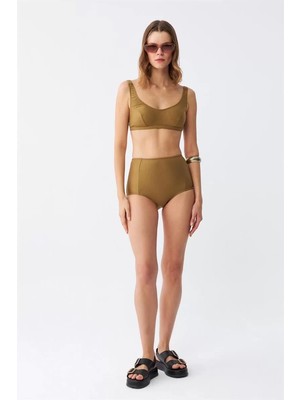 Moda Kadın Basic Hardal Pedli Yüksek Bel Bikini Takımı