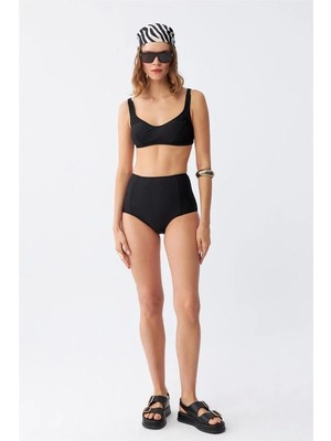 Moda Kadın Siyah Pedli Kare Yaka Yüksek Bel Bikini Takımı