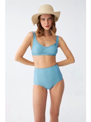 Moda Kadın Basic Turkuaz Pedli Yüksek Bel Bikini Takımı