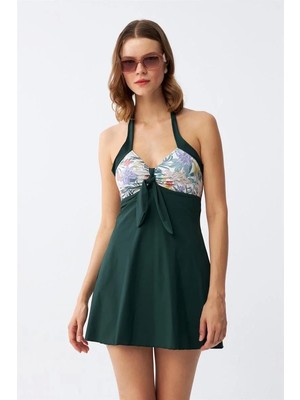 Moda Kadın Çiçek Desenli Fiyonklu Haki Elbise Mayo