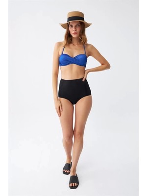 Moda Kadın Straplez Mavi Yüksek Bel Bikini Takımı