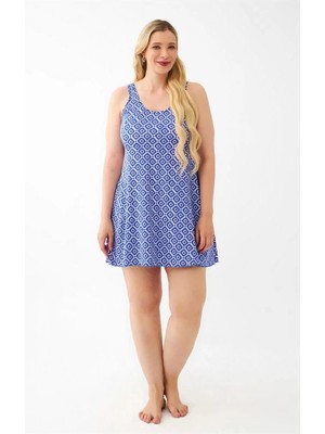 Moda Kadın Mavi Desenli Büyük Beden Elbise Mayo