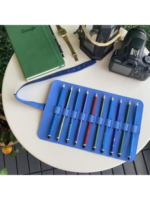 Helsinki - Hakiki Deri Natürel Geniş Tasarım Rulo Kalemlik (Mavi)