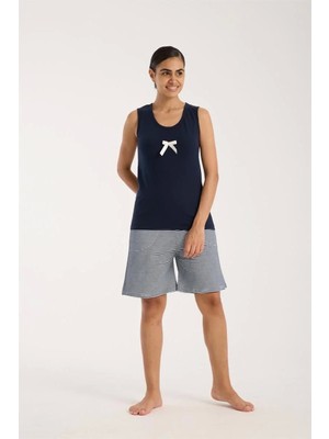 Emos Avm Moda Kadın Lacivert Kurdele Detaylı Çizgili Şortlu Pijama Takımı