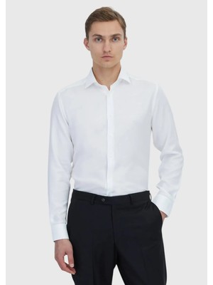 Beyaz Düz Regular Fit Dokuma Klasik Pamuk Karışımlı Gömlek