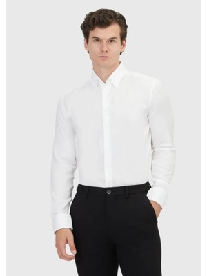 Beyaz Düz Regular Fit Dokuma Klasik Pamuk Karışımlı Gömlek