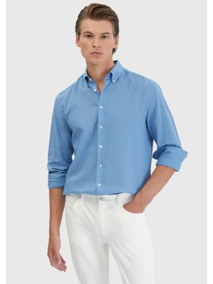 Mavi Düz Casual Fit Dokuma Casual Pamuk Karışımlı Gömlek