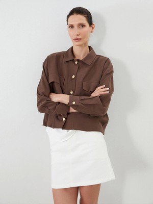 Lcwaıkıkı Classic Kahverengi Gömlek Yaka Oversize Kadın Ceket