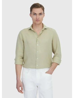 Açık Yeşil Düz Casual Fit Dokuma Casual %100 Keten Gömlek