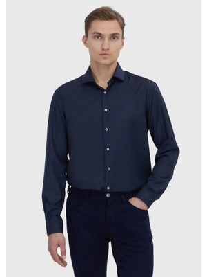 Lacivert Düz Regular Fit Dokuma Klasik %100 Yün Gömlek