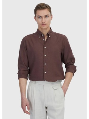 Kiremit Düz Casual Fit Dokuma Casual Pamuk Karışımlı Gömlek