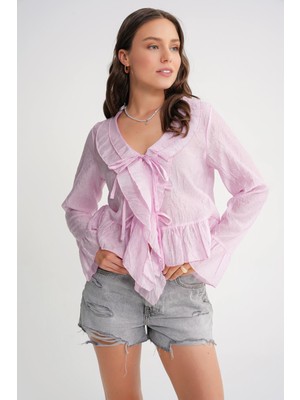 4727 Kadın Yakası Fırfırlı Kraşlı Bluz Pembe
