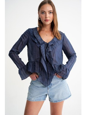 4710 Kadın Volanlı Transparan Bolero Bluz Lacivert