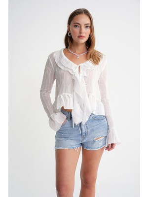 4710 Kadın Volanlı Transparan Bolero Bluz Beyaz