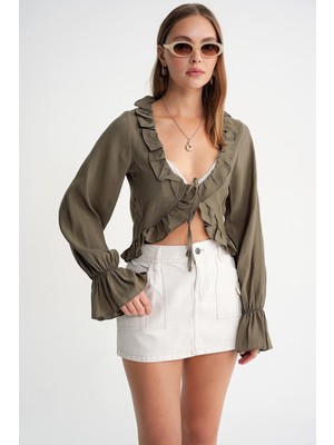 4712 Kadın Volanlı Modal Bolero Bluz Haki