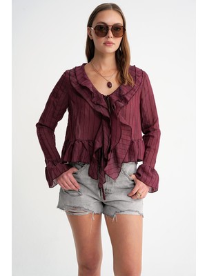 4710 Kadın Volanlı Transparan Bolero Bluz Bordo