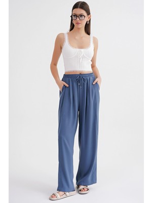 4668 Kadın Pileli Palazzo Geniş Bol Paça Pantolon Indigo