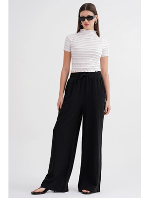4286 Kadın Bol Paça Beli Lastikli Müslin Palazzo Pantolon Siyah