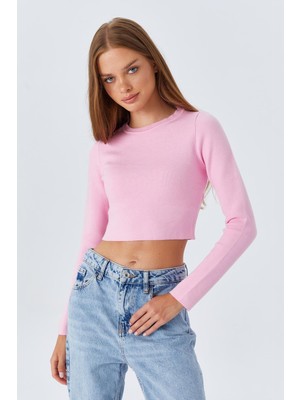 6727 Kadın Bisiklet Yaka Crop Triko Kazak Pembe