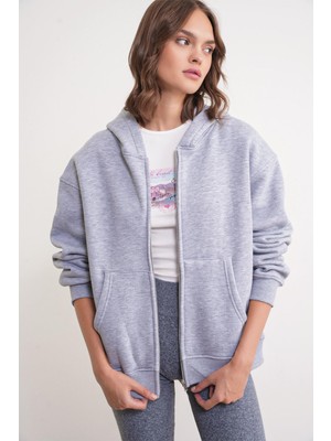 2023 Unisex 3iplik Basic Polarlı Fermuarlı Sweatshirt Hoodie Gri