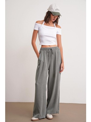 4697 Kadın Eskitme Bağcıklı Saten Bol Paça Palazzo Pantolon Haki