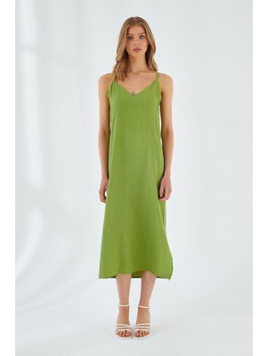 4252 Kadın Ip Askılı V Yaka Elbise Fıstık Yeşili