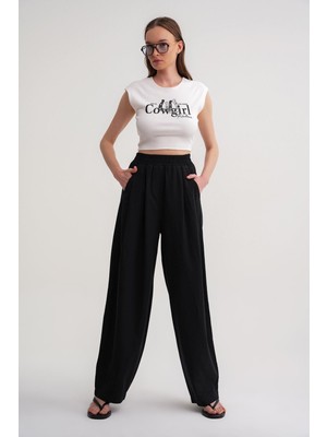 4682 Kadın Beli Lastikli Jogger Bol Keten Pantolon Siyah
